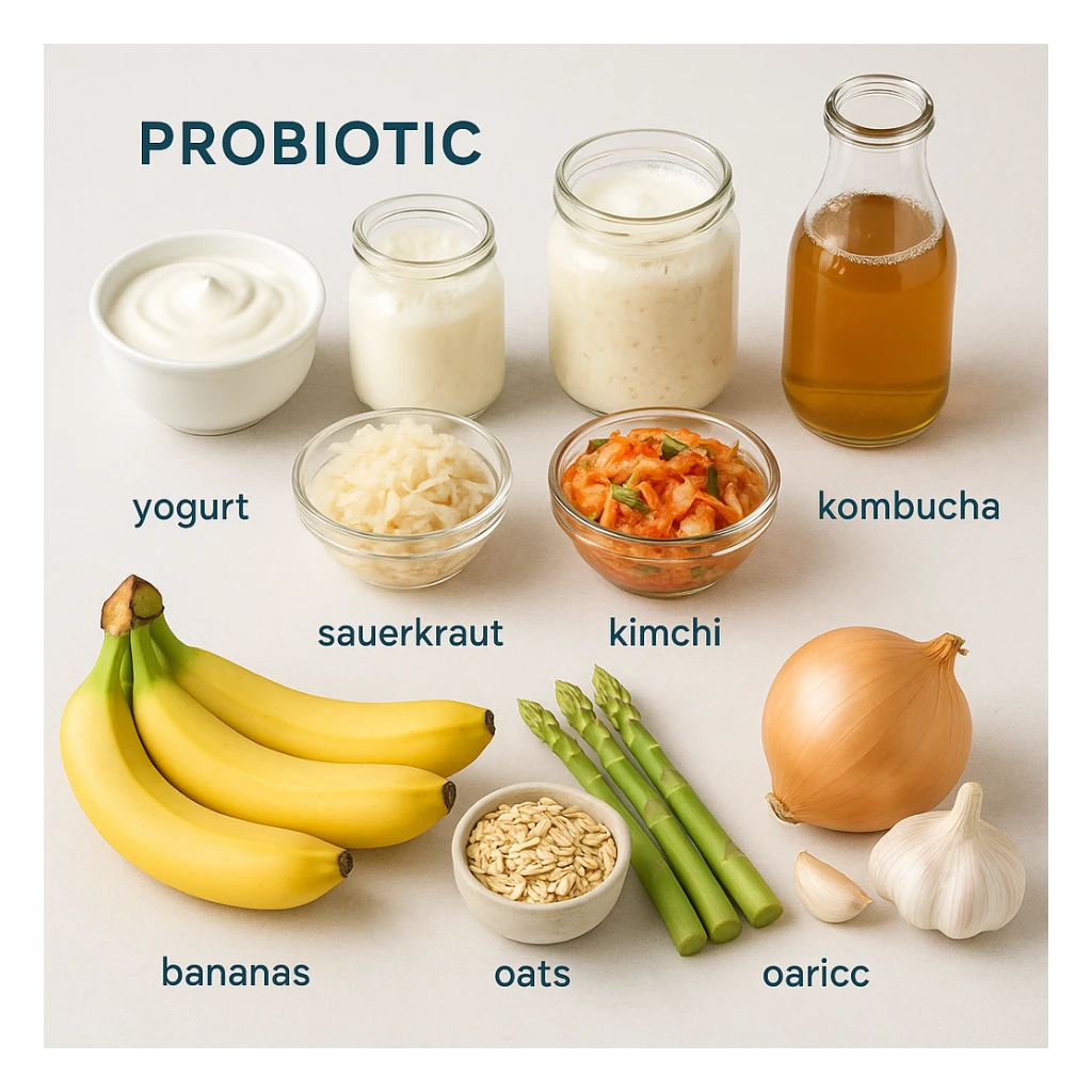 realistic and informative illustration showing a selection of probiotic and prebiotic foods on a light background, examples: yogurt, kefir, sauerkraut, kimchi, kombucha labeled as probiotic; bananas, oats, asparagus, onion, garlic labeled as prebiotic, clean and modern style sticker