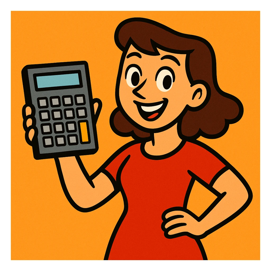 woman in a red dress, calculator in hand, cheerful expression sticker