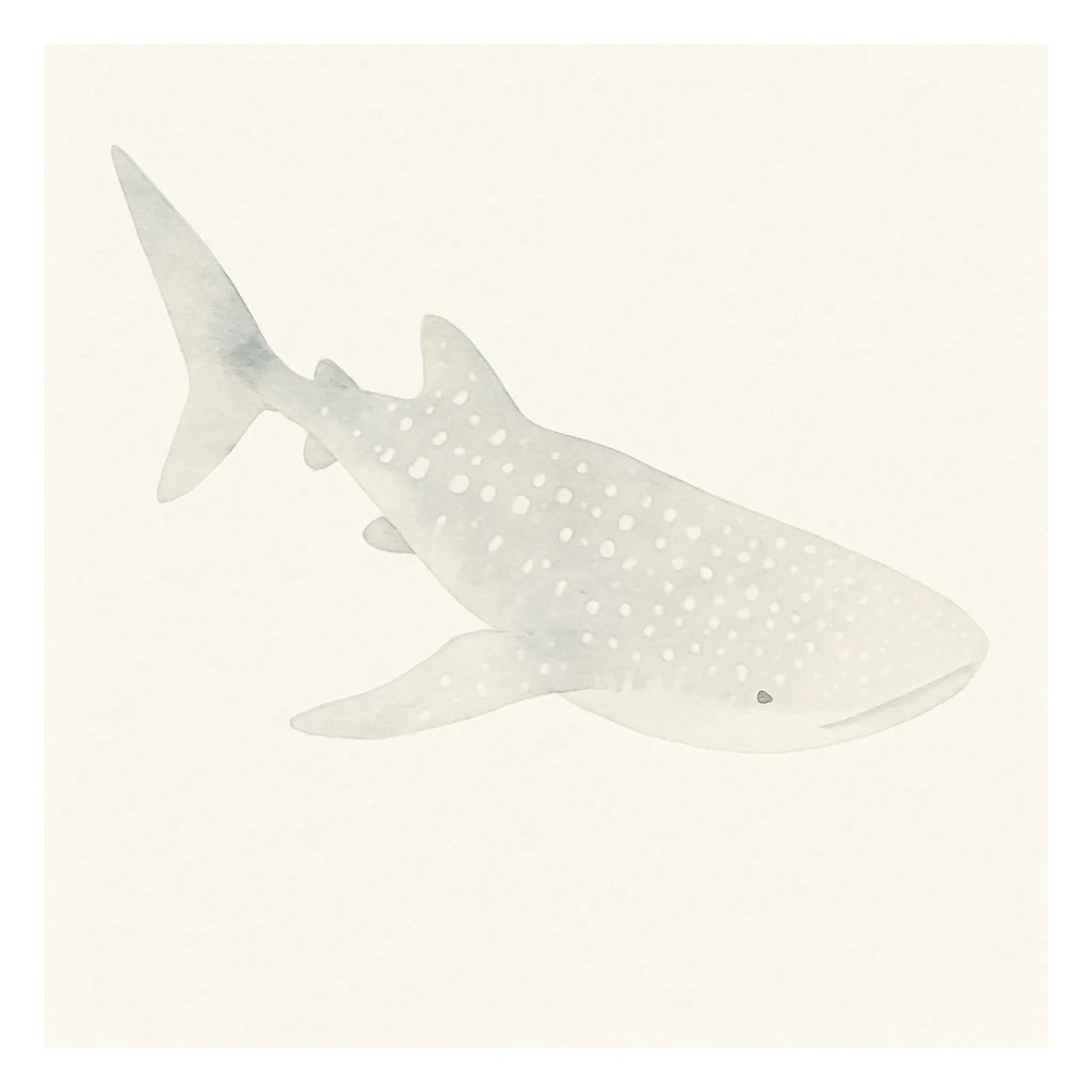 whale shark in watercolor style, spotted pattern, flowing fins, soft gradients, underwater scene, artistic and serene sticker