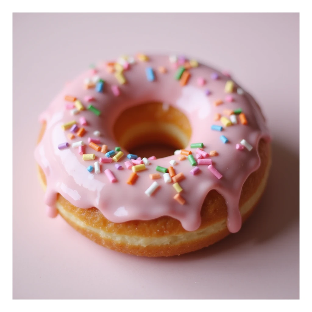 realistic glazed donut, soft lighting, appetizing, classic pink glaze with rainbow sprinkles, on white background sticker