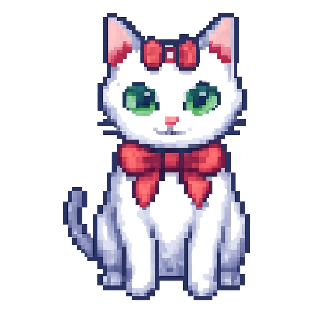 Make the cat white with a pink ribbon on her head, no background, in pixel art style. sticker