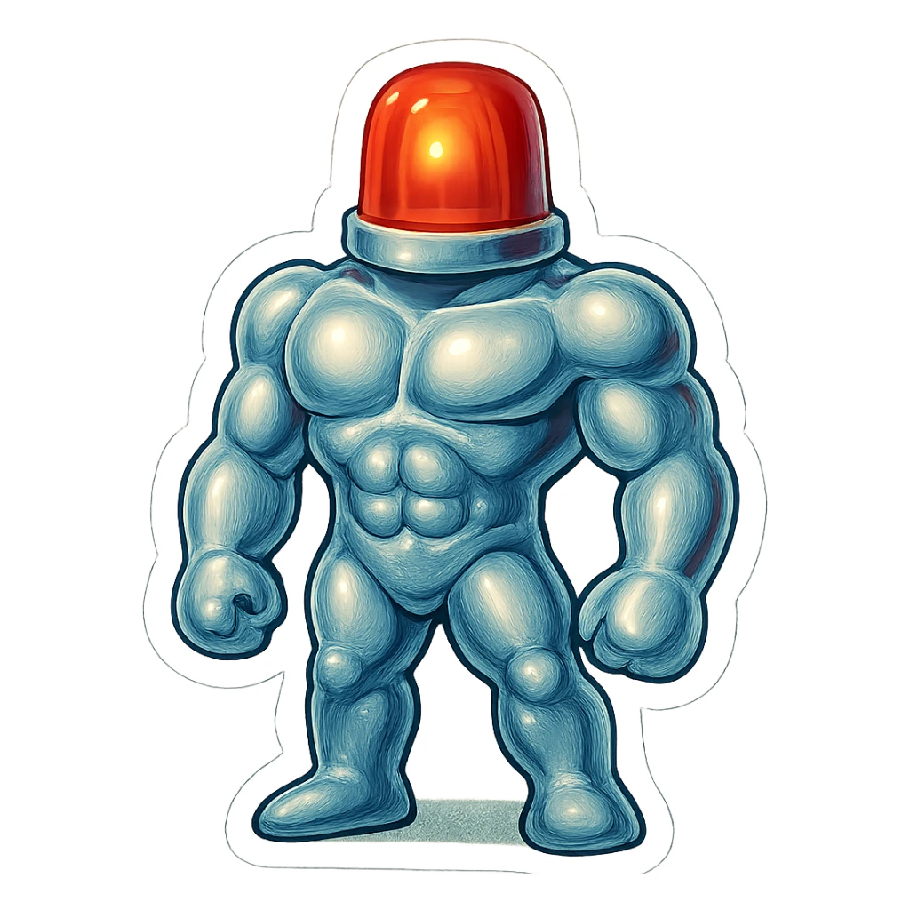 silver muscular robot with a red police light head, standing at attention in a 3/4 view but facing more forward, retro stickers style sticker