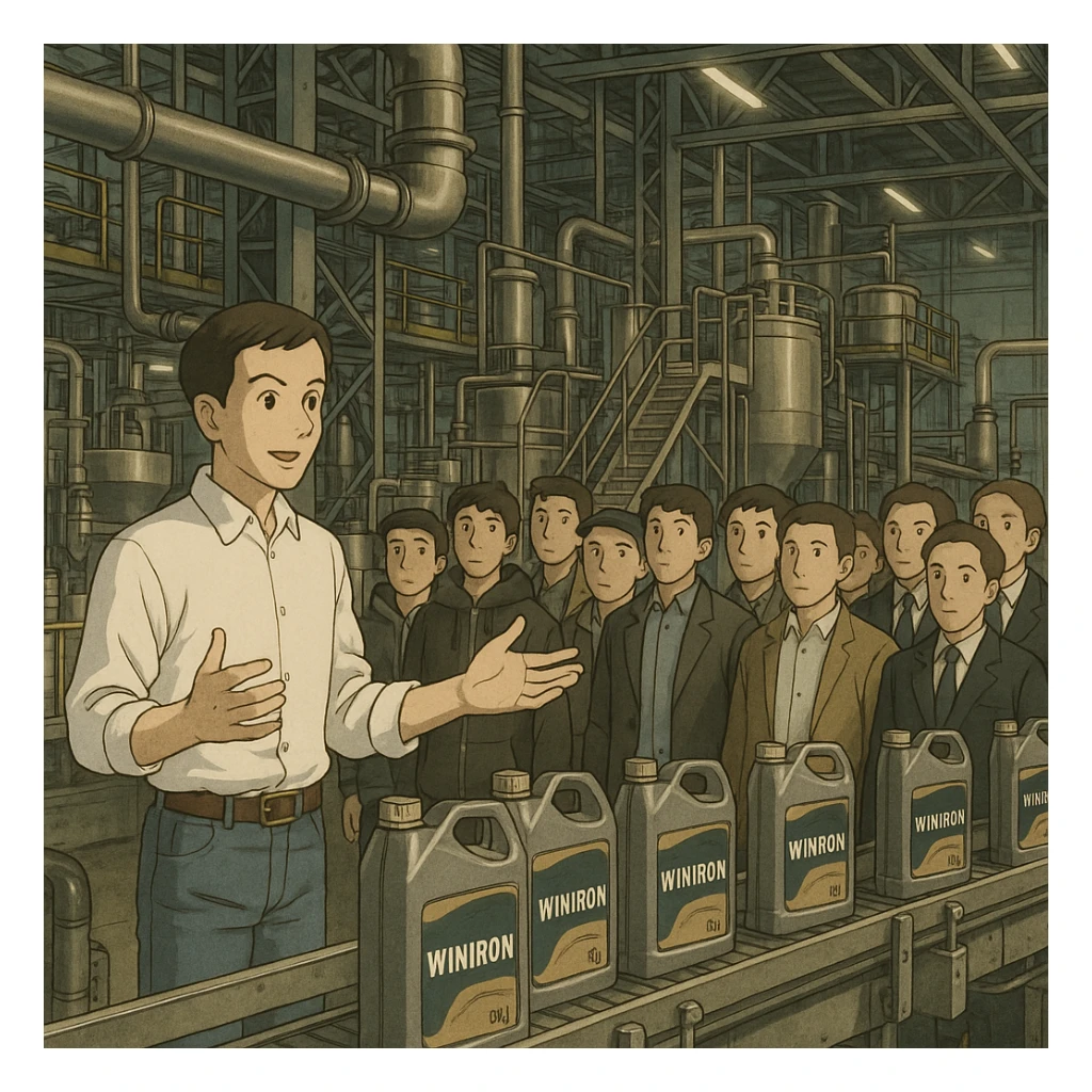 “Create a realistic industrial scene inside a modern motor-oil factory. The image must be in Instagram post size: 1080×1080 pixels, 1:1 ratio.

In the foreground, the factory director is introducing the facility. He is slightly slim, short hair, wearing a clean white men’s shirt and blue jeans, elegant appearance, using hand gestures while explaining.

In front of him, 10–12 male visitors listen attentively; they wear mixed clothing: some streetwear, some casual, some classic suits.

Background shows real production equipment, pipelines, steel structures, and conveyor lines used in motor-oil manufacturing. Use ONLY original Winiron canister design, no other brands. No label changes.

Cinematic lighting, premium look, realistic industrial atmosphere, sharp details, high-quality composition.” sticker