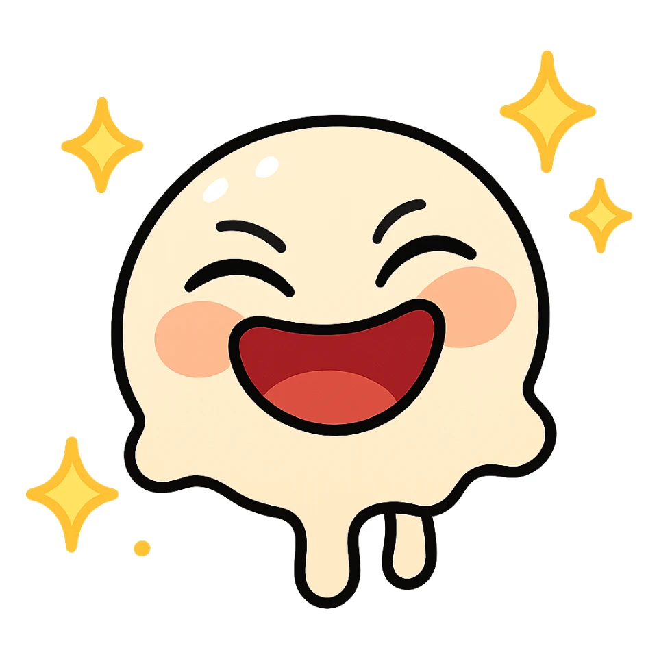 Create an animated version of the emoji with a joyful and laughing expression, eyes squinting and mouth wide open in a smile, with a sparkling effect around the face. The style should be simple and expressive. The background should be transparent. sticker