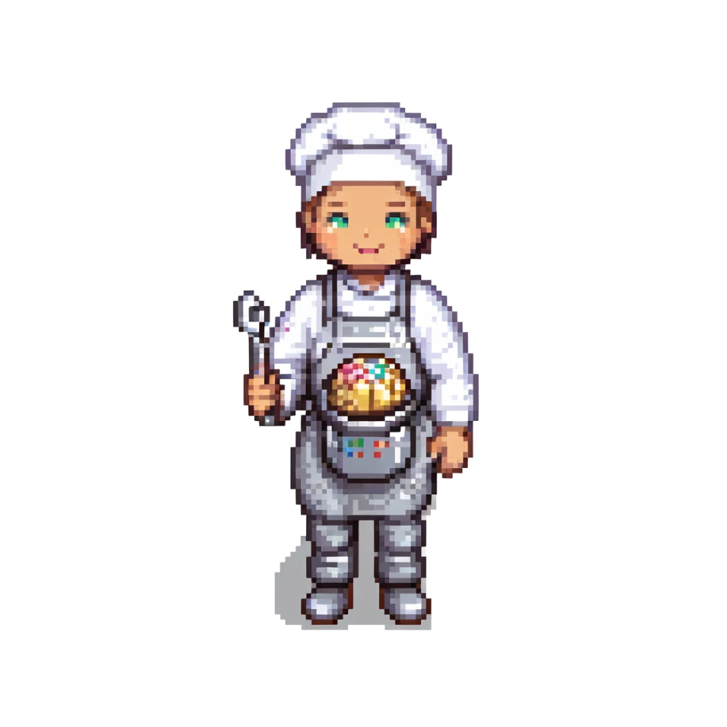 Portrait of a baker wearing a metallic baking suit with built-in tools, chrome textures and LED accents, skeuomorphism style sticker