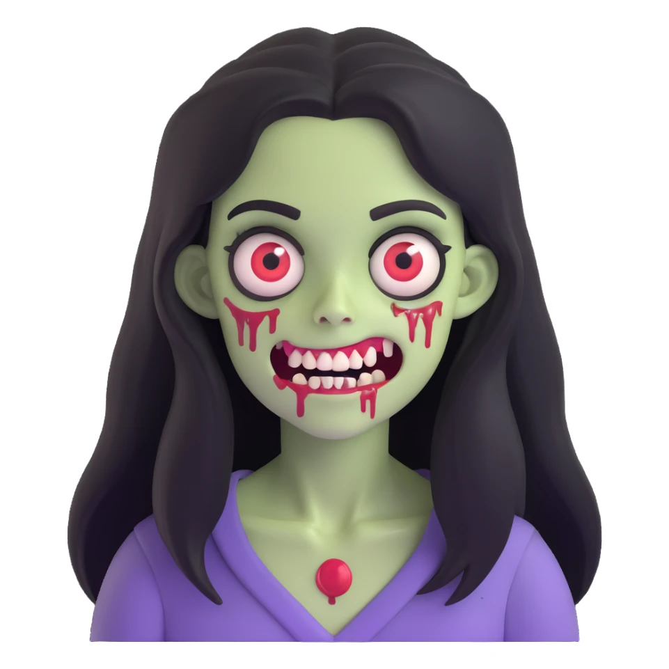 girl zombie with black long hair with teeth and serious face sticker