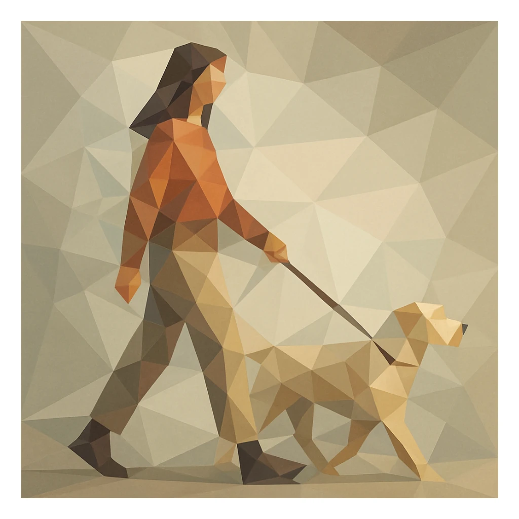 Woman walking a dog with fractured into overlapping cubes and triangles. sticker