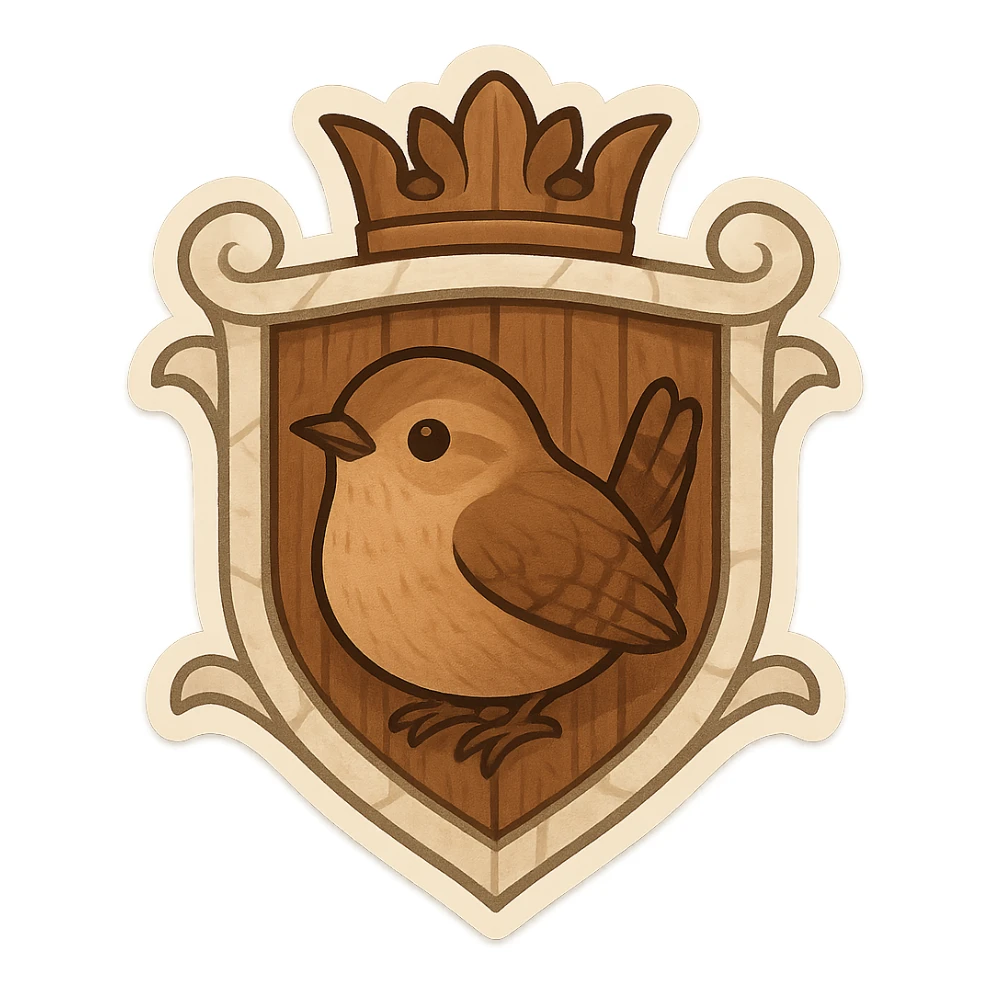 fantasy crest featuring a wren, wood textures, alabaster stone, heraldic style, emoji style sticker