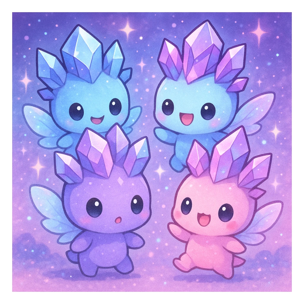 kawaii chibi style group of crystal sprite creatures in purple, blue, and pink, with tiny magical wings, playing together, magical background, adorable and fun sticker