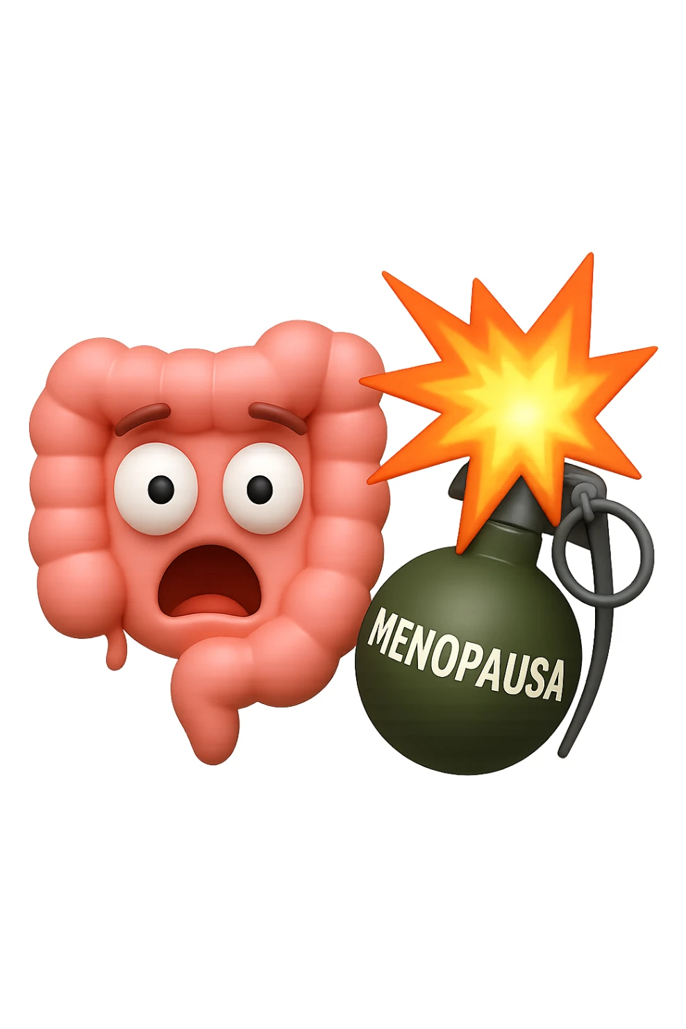 EMOJI STILE IPHONE 3D DI INTESTINO 3D CON ESPRESSIONE SCIOCCATA IN VOLTO MENTRE ACCANTO A LUI SCOPPIA UNA GRANATA 3D CON LA SCRITTA "MENOPAUSA" SOPRA, FAGLI ANCHE LA PARTE BIANCA DEGLI OCCHI, NON SOLO LA PUPILLA sticker