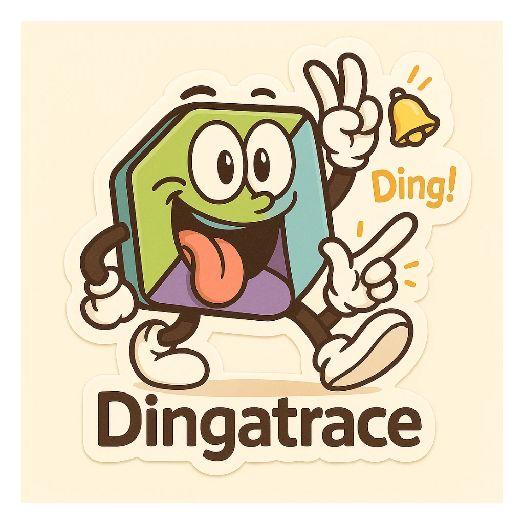Add playful 'Dingatrace' flair by replacing any Dynatrace text with 'Dingatrace'. Include a ringing bell or cartoon ding sound effect. Maintain the silly cartoon vibe of the mascot. sticker