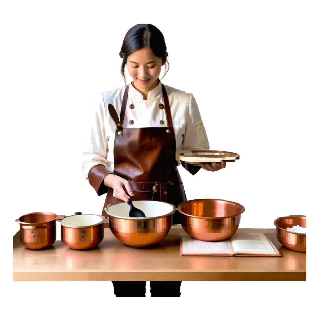 A confident journeyman baker working with copper mixing bowls, enamel measuring cups, and a leather-bound recipe book. The environment features warm lighting, brass utensils, and stitched cloth textures. UI elements resemble embossed leather tabs and metallic buttons. sticker