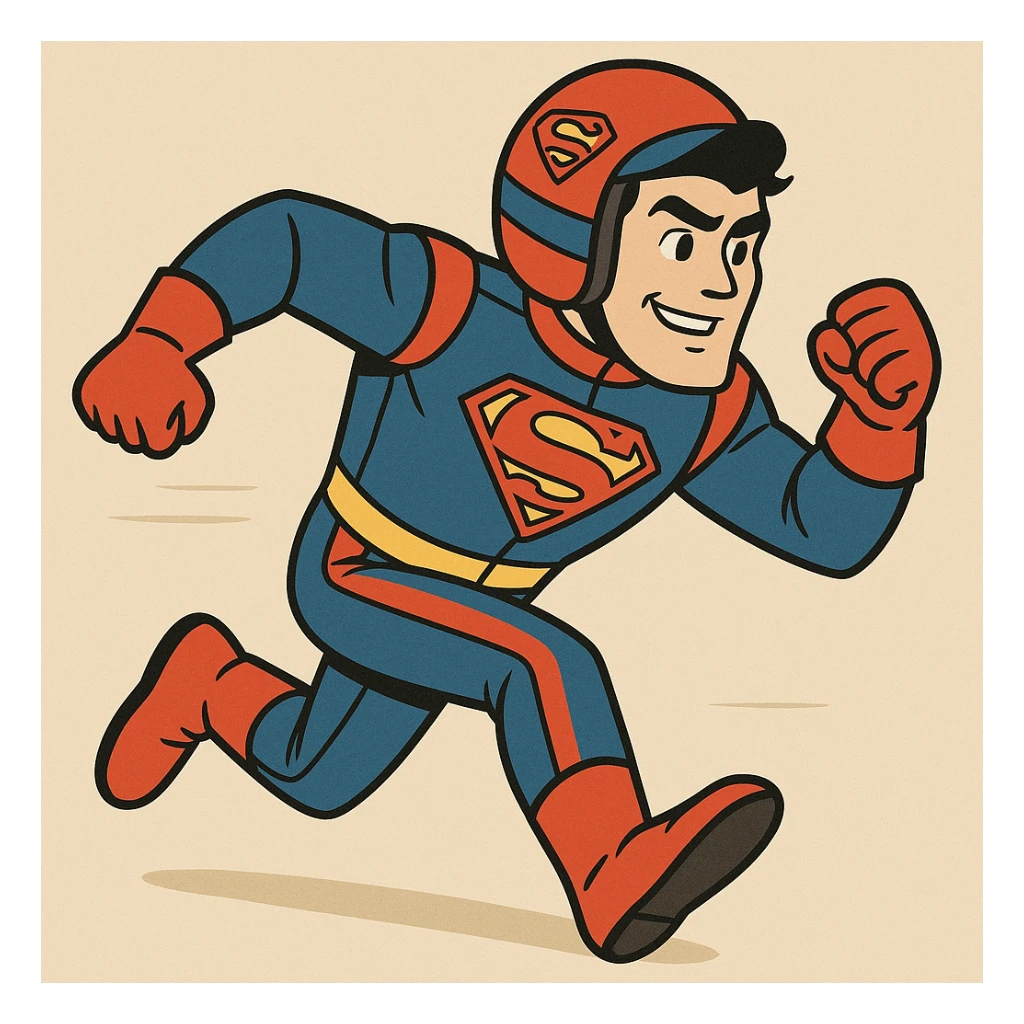 Superman dressed as a race car driver, dynamic action, bold colors, cartoon style sticker