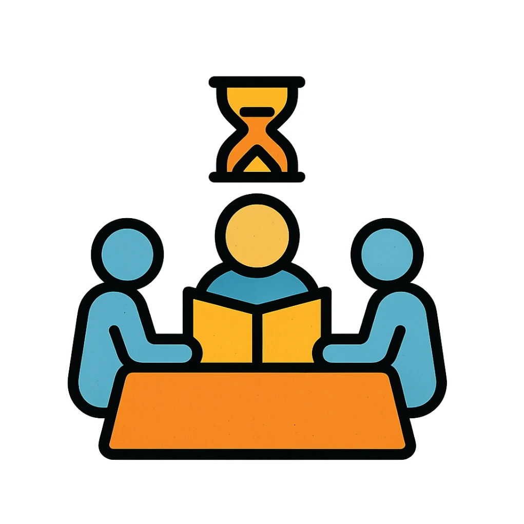 minimalist icon of players and a game master collaborating around a table or DM screen, with a clock or hourglass representing a multi-day marathon, worn and distressed look sticker