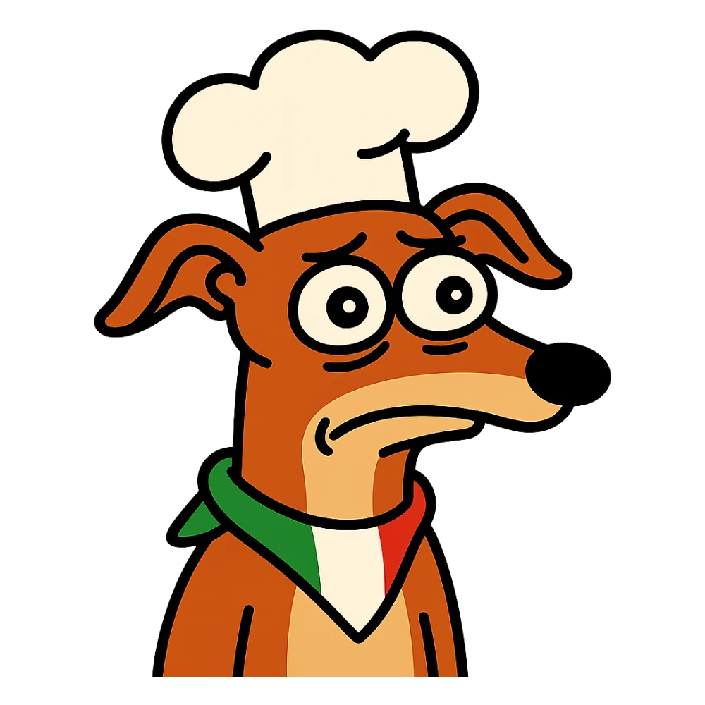 Italian dog with chef hat, looking confused, brainrot meme style, cartoonish sticker