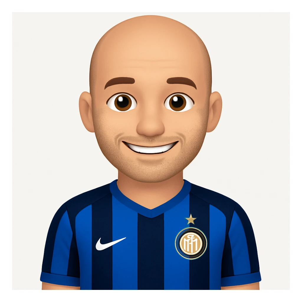 Create an image of Wesley Sneijder in an Inter Milan shirt, bald with visible stubble, smiling, in the style of apple emojis. The style should mimic the apple emoji look with smooth, simple, and colorful features. sticker