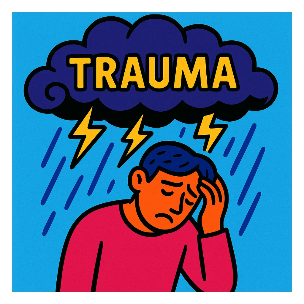 trauma as a storm cloud over a figure in vibrant toon style sticker