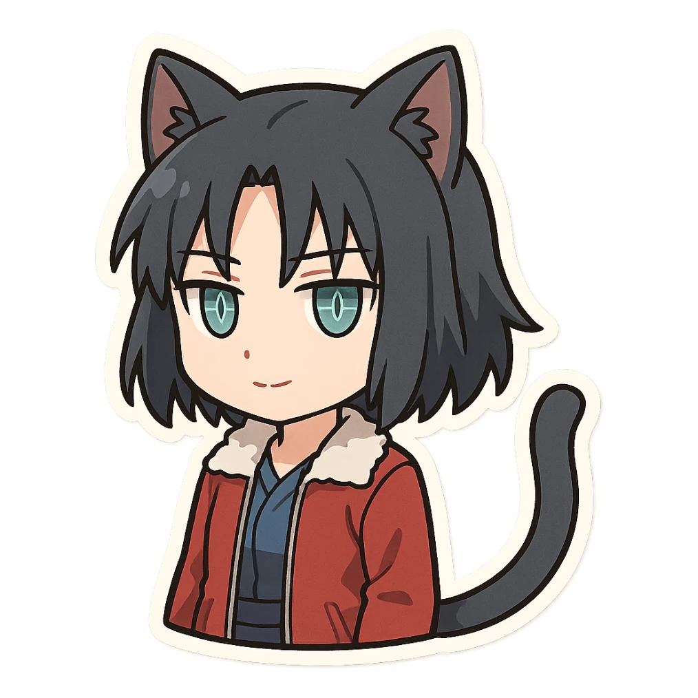 chibi Ryougi Shiki with cat ears and cat tail, Mystic Eyes of Death Perception, reserved and stoic expression, subtle smile, true to her personality sticker