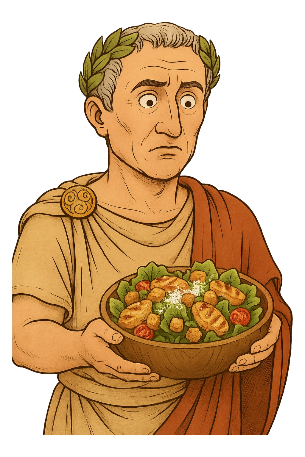 Используя такую стилистику сгенерируй Императора Цезаря, который задумчиво и удивленно держит в руках тарелку с салатом Цезарь, прозрачный фон sticker