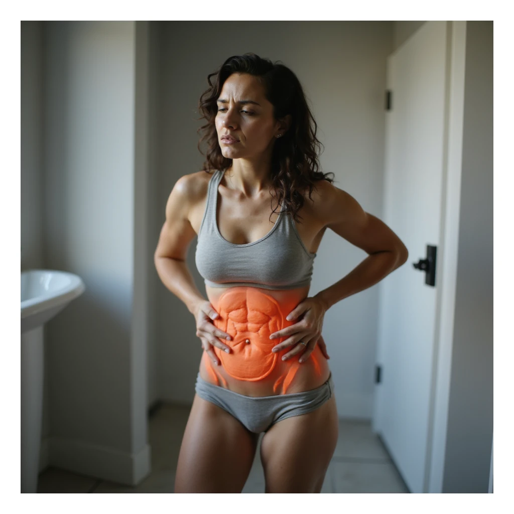 hyperrealistic woman standing with curved posture, both hands on pelvic area, expression of discomfort and pain, realistic anatomical details, 4K quality, bathroom environment sticker