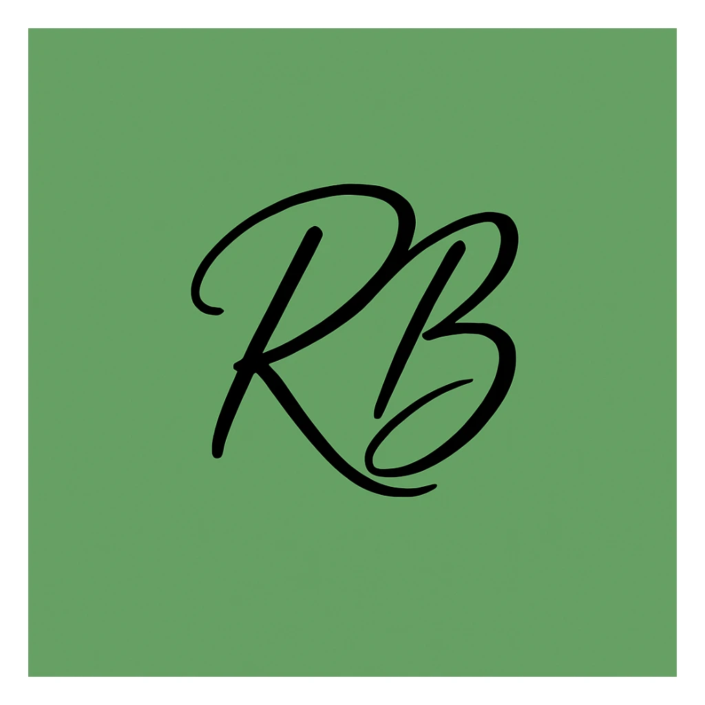 Change the background to green while keeping the modern minimal calligraphy initials 'RB' intact, preserving the style and elegance of the original image. sticker