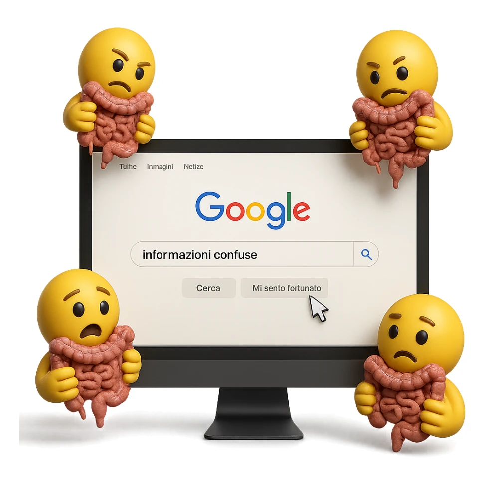 SCHERMO DI PC CON LA SCRITTA "informazioni confuse" SULLA BARRA DI RICERCA GOOGLE SULLO SCHERMO E IL CLICK DEL MOUSE SULLA SCRITTA CERCA, stile emoji iphone fluttuano in aria stringendo in mano un pezzo di colon intestinale, iperrealistico 4k sticker
