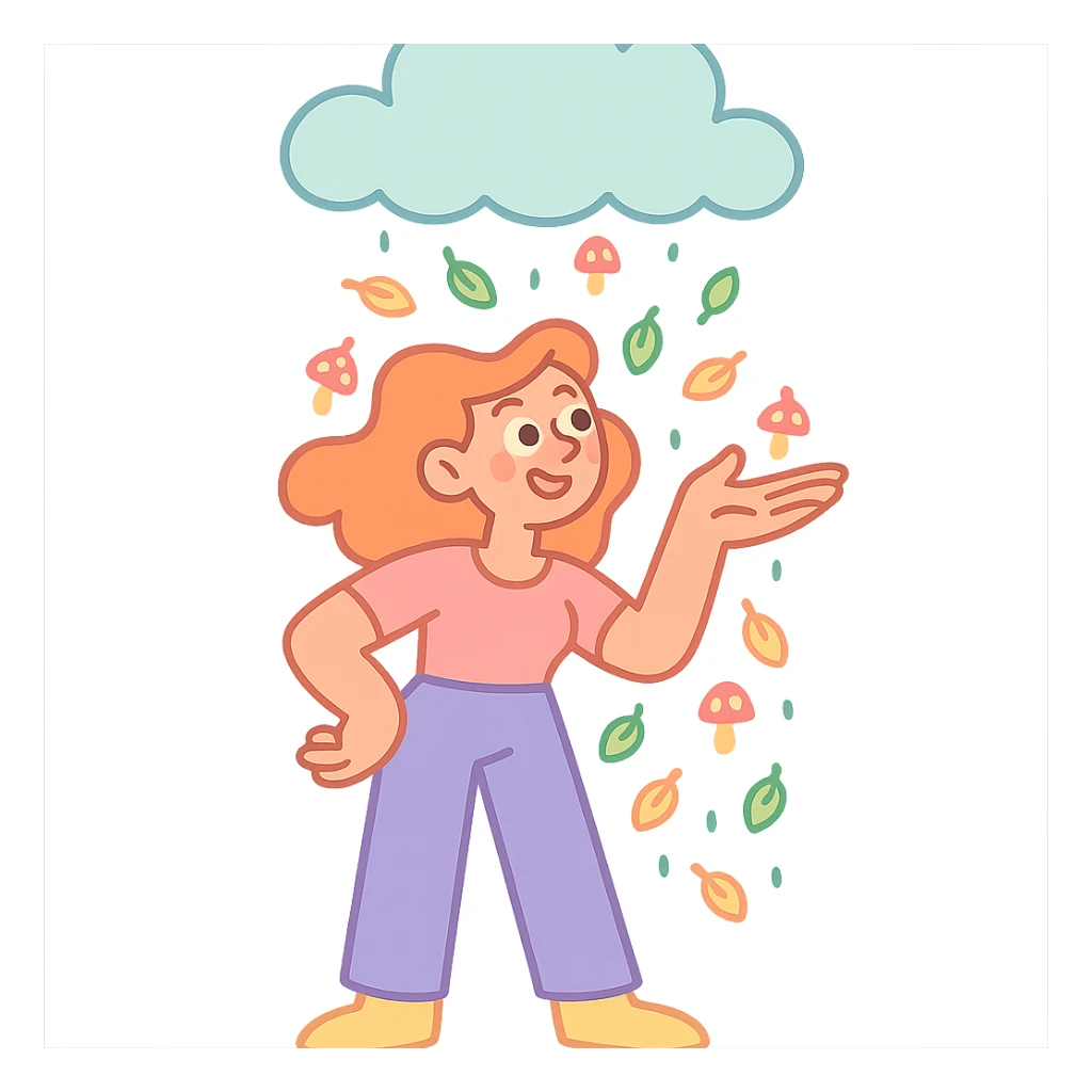 cloud raining tiny leaves and mushrooms, whimsical rain, pastel tones, pastel-toon style sticker