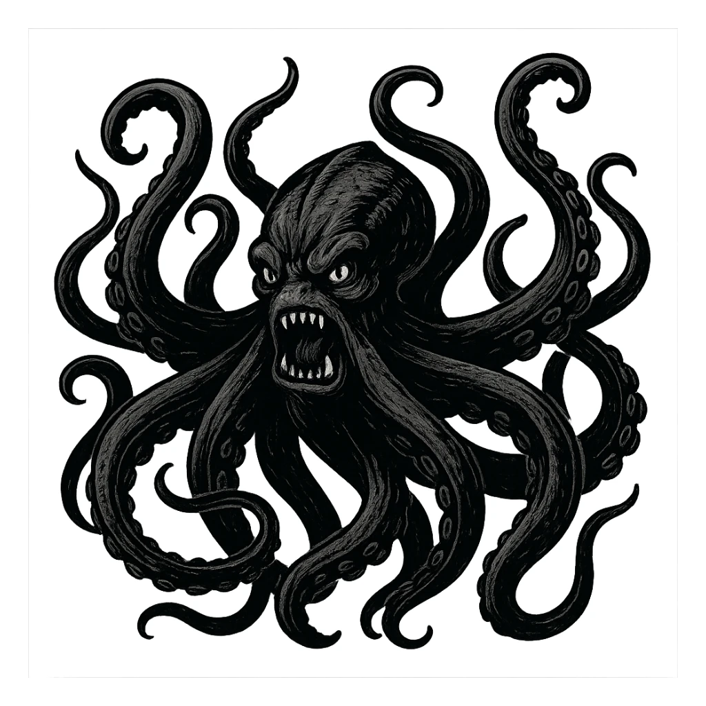 black fierce kraken, tentacles raised, aggressive expression, stylized as a dramatic sea monster, dynamic and detailed illustration sticker