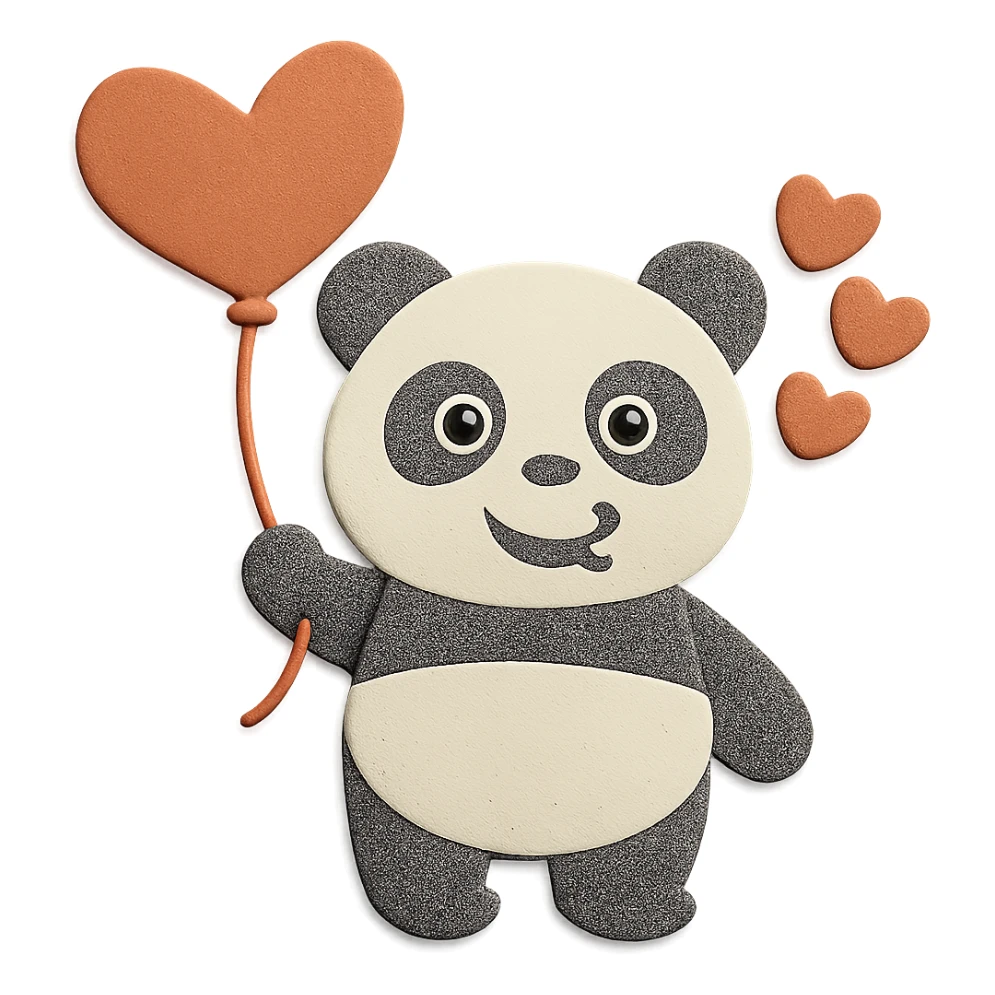 Make the panda's eyes look normal (open and happy), keep the design, pose, heart-shaped balloon, hearts, and paper-craft style unchanged sticker