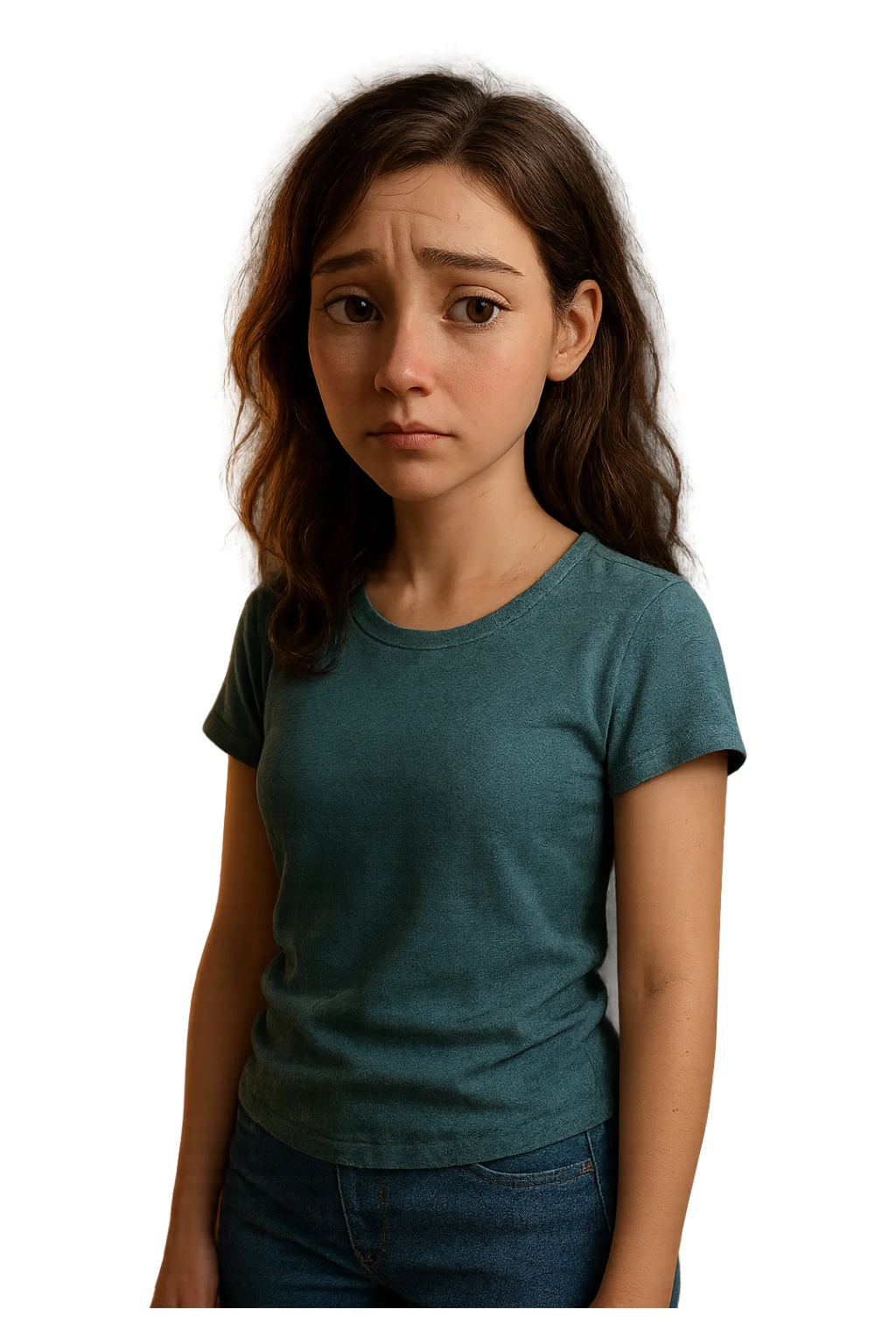 Modello 3D di personaggio femminile in stile Pixar/Blender, anatomia realistica e proporzionata, espressione facciale malinconica ma espressiva, rig per animazioni emotive, texturing skin realistico ma stilizzato, capelli con physics dinamici, vestiti casual modellati con cloth simulation, illuminazione soft e cinematografica, ambiente camera da letto 3D dettagliato, rendering Cycles con subsurface scattering per pelle naturale sticker