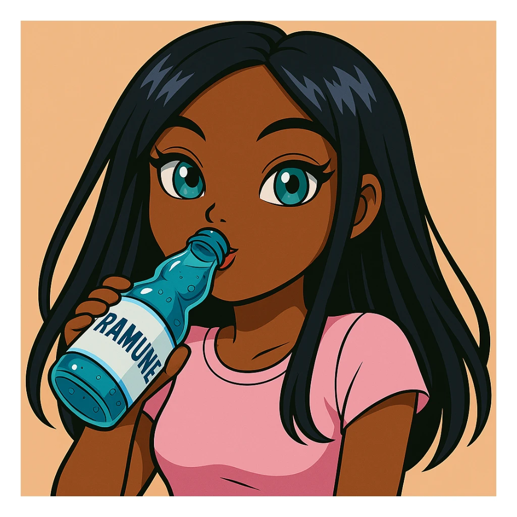 Change her pose to drinking blue Ramune soda from the classic glass bottle, headshot only, 20-year-old anime Bratz style woman with dark skin, straight hair, trendy outfit, big expressive eyes, glossy lips, no hat, no tears, happy expression, both eyes open, looking straight ahead. sticker