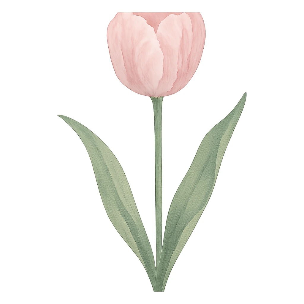 single soft pink tulip with watercolor petals, transparent background, green stem, curved soft leaves, elegant hand-painted style sticker