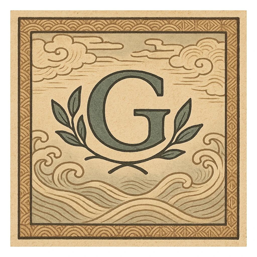 logo featuring the letter G with stylized leaves, elegant Japanese-inspired design, traditional ukiyo-e background with waves or clouds sticker