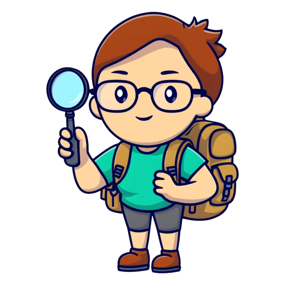 Cheerful woman explorer with glasses and backpack, holding a single magnifying glass in her hand sticker