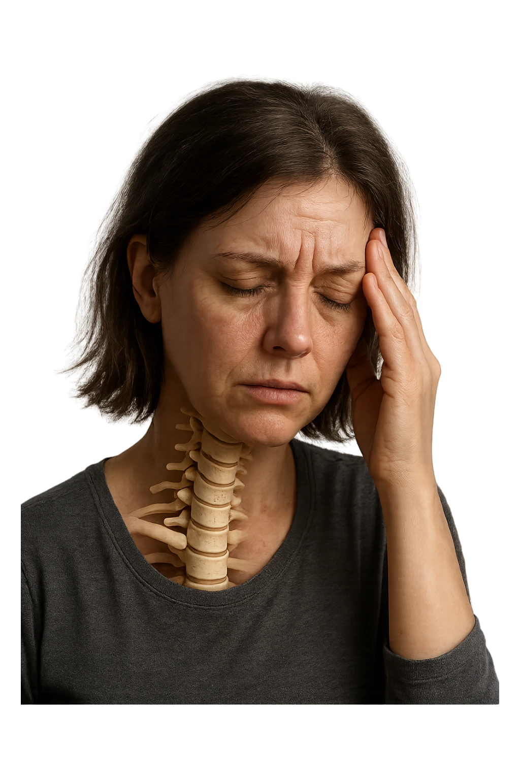 donna stanca che si tiene una mano sulla tempia con spina dorsale anatomica visibile, iperrealistico 4k sticker