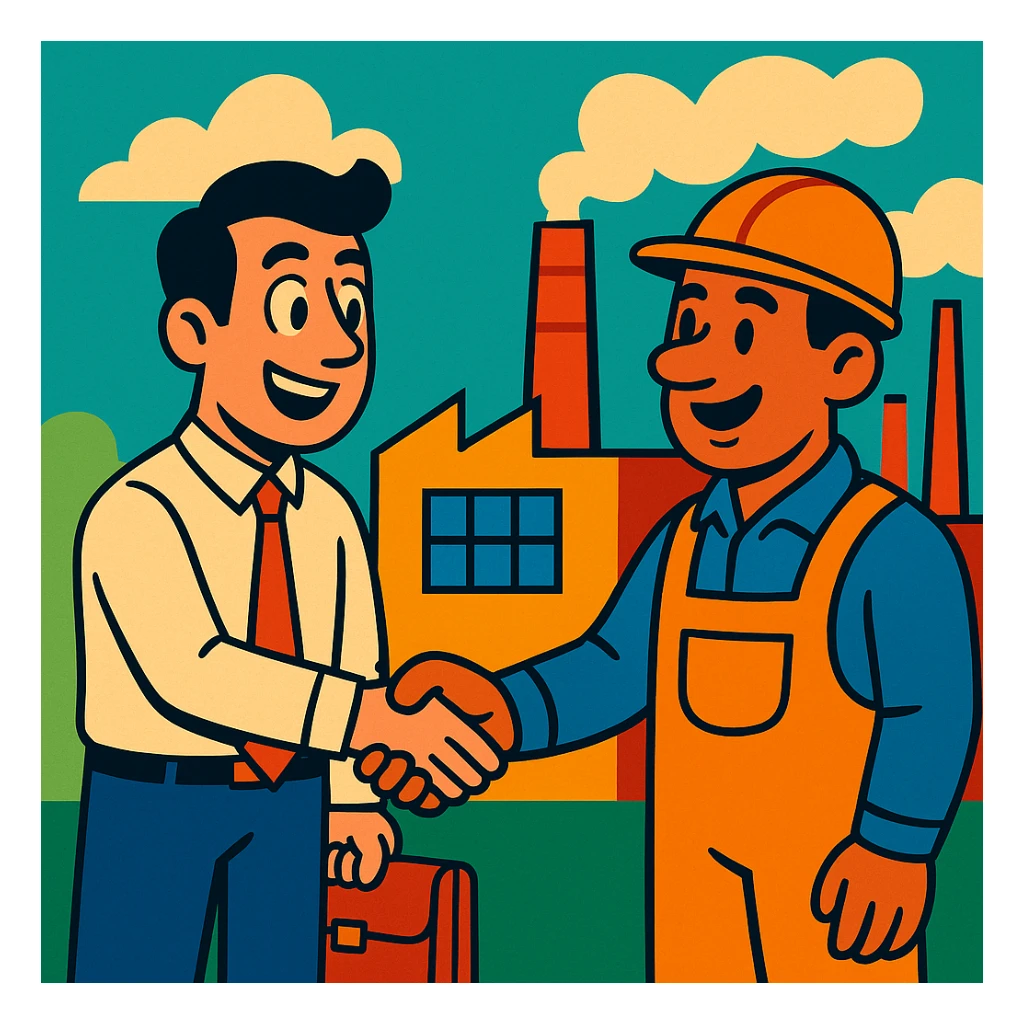 cartoon style office worker shaking hands with factory worker, factory in background, friendly atmosphere sticker
