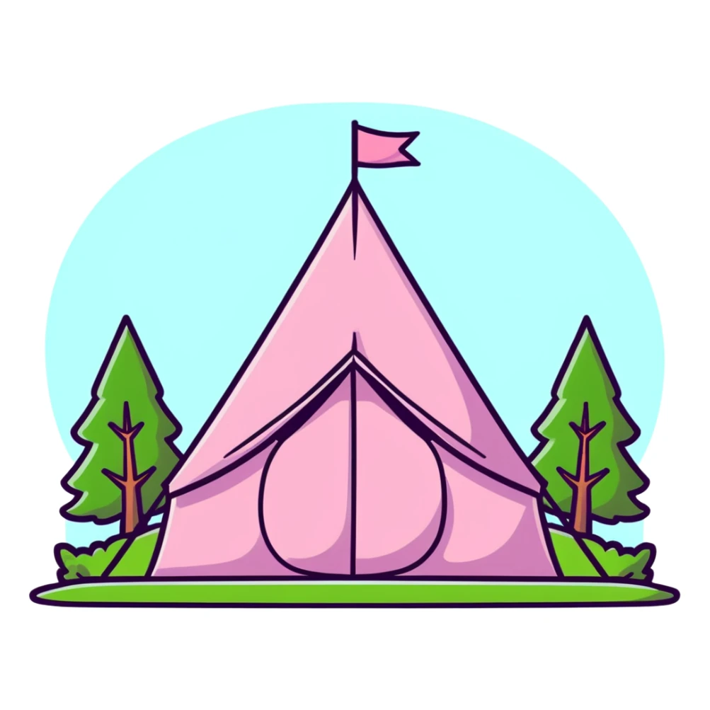 cute pink tent set up in a grassy meadow with trees sticker