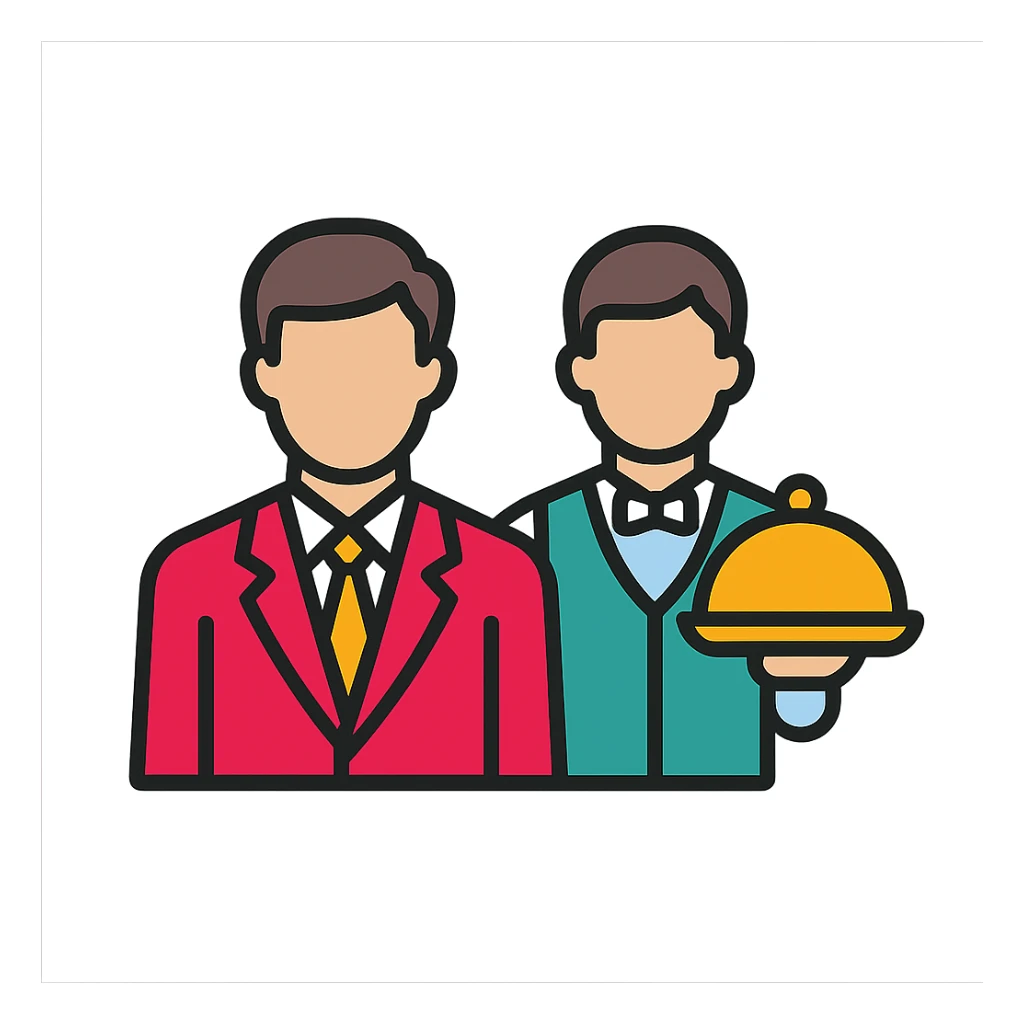 A businessman in a crimson suit with a waiter sticker