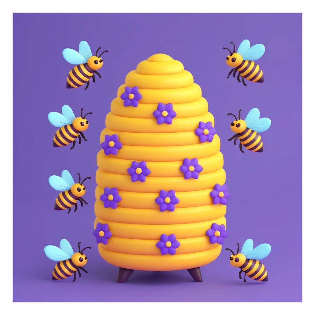 a purple beehive with five purple bees flying around, cheerful and cute, no text sticker