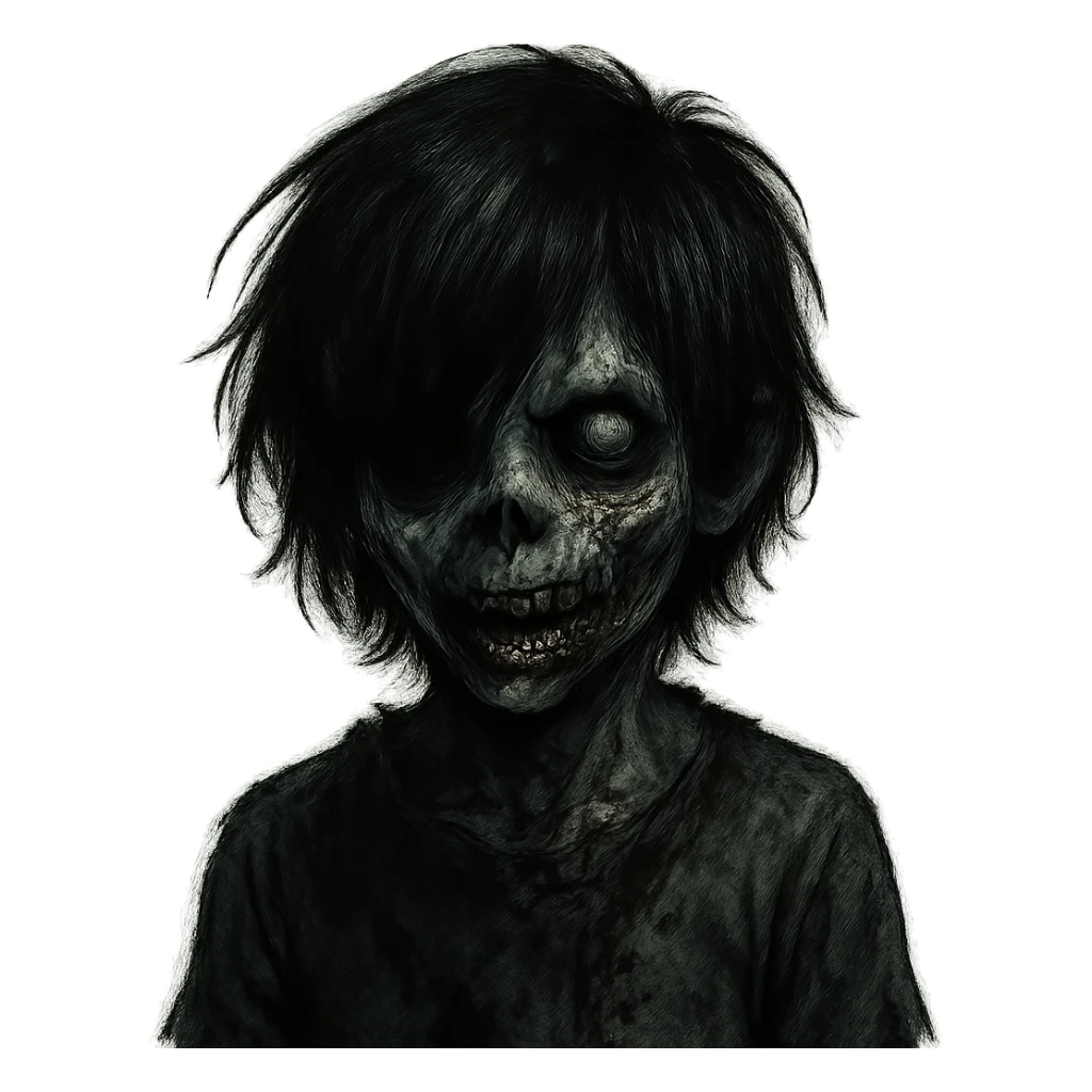 boy zombie with black medium-long emo shaggy hair, dark and spooky, creepy expression sticker
