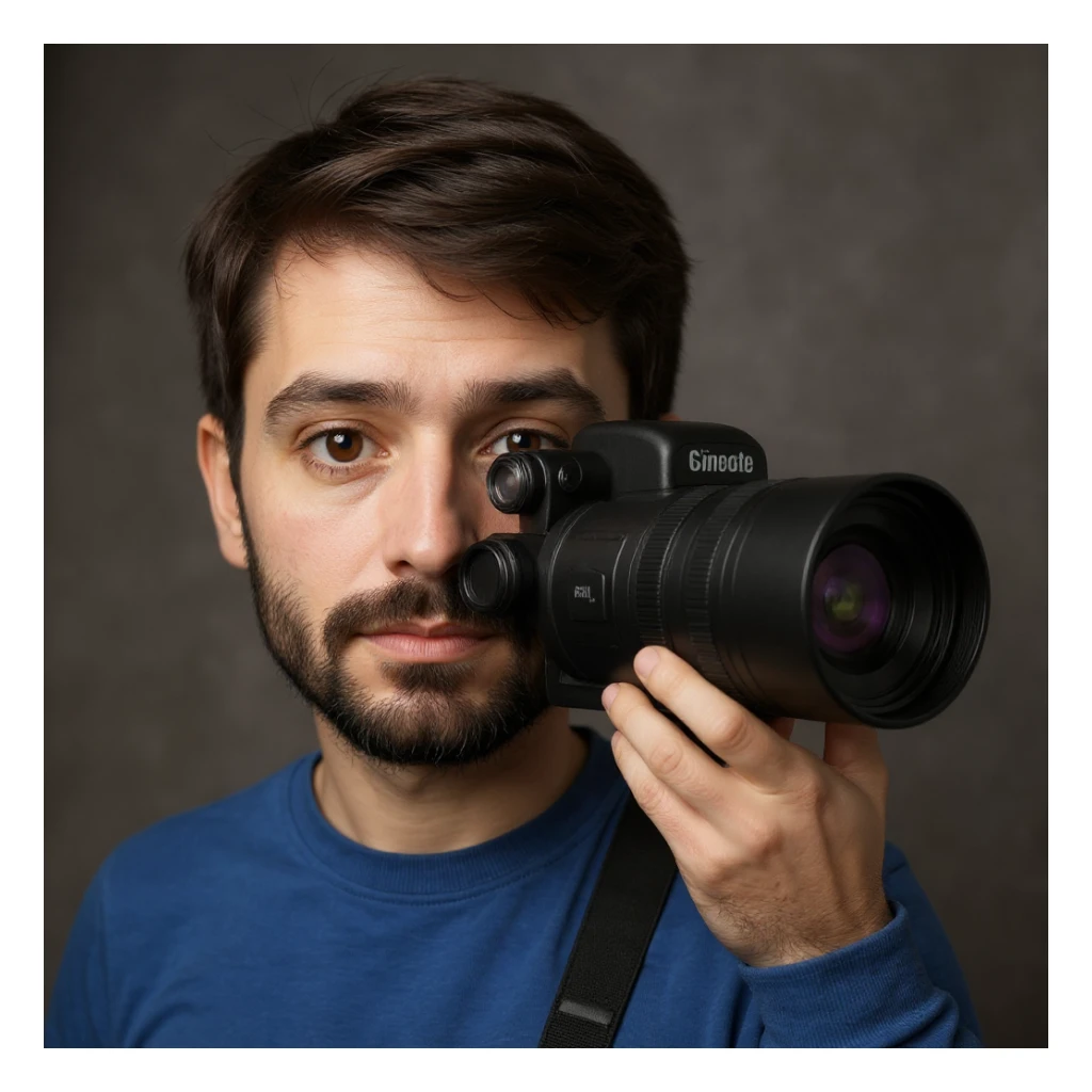 Make the photographer have dark hair and a medium size beard, keep the telezoom lens, and no background. sticker
