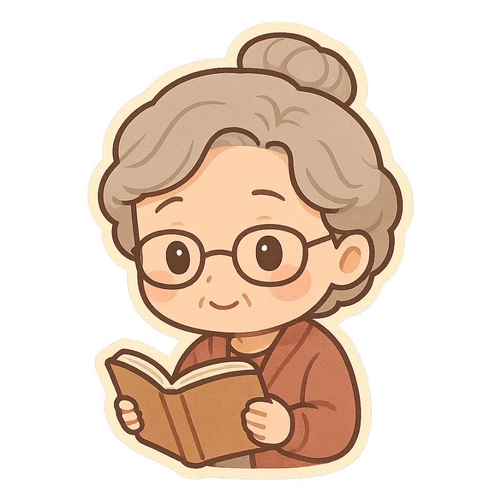 older woman wearing glasses, reading a book, gentle look sticker