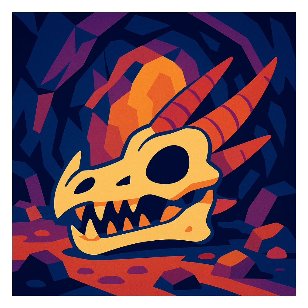 a dragon skull in a cave, stylized cartoon look sticker