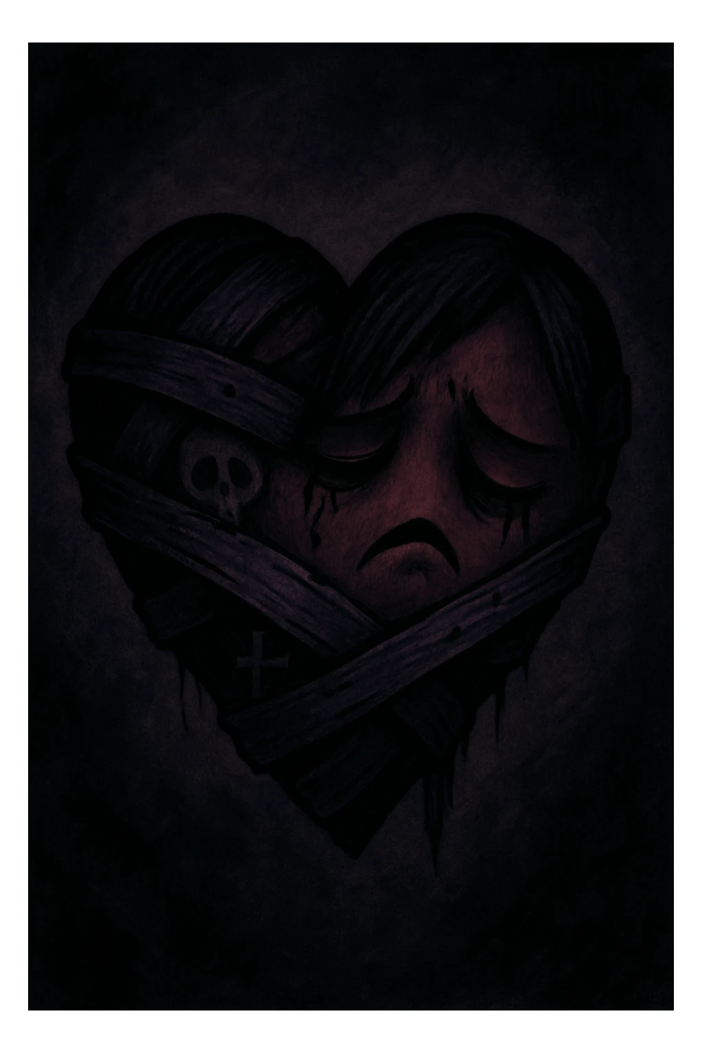 emo heart, bandaged with dark colors, subtle skull or cross motif, emotional expression sticker