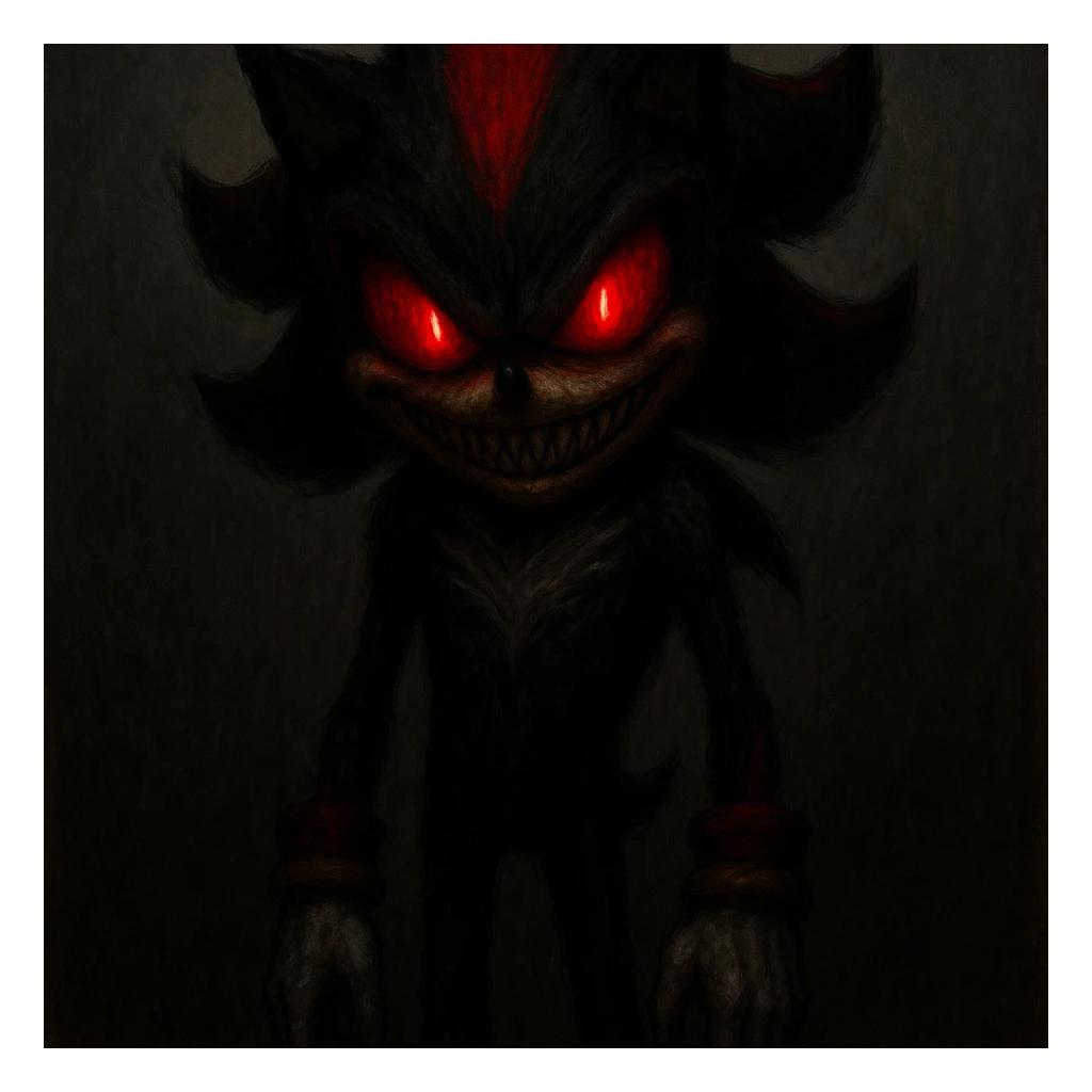 scary Shadow.exe character, horror style, glowing red eyes, evil smirk, unsettling presence, normal background sticker