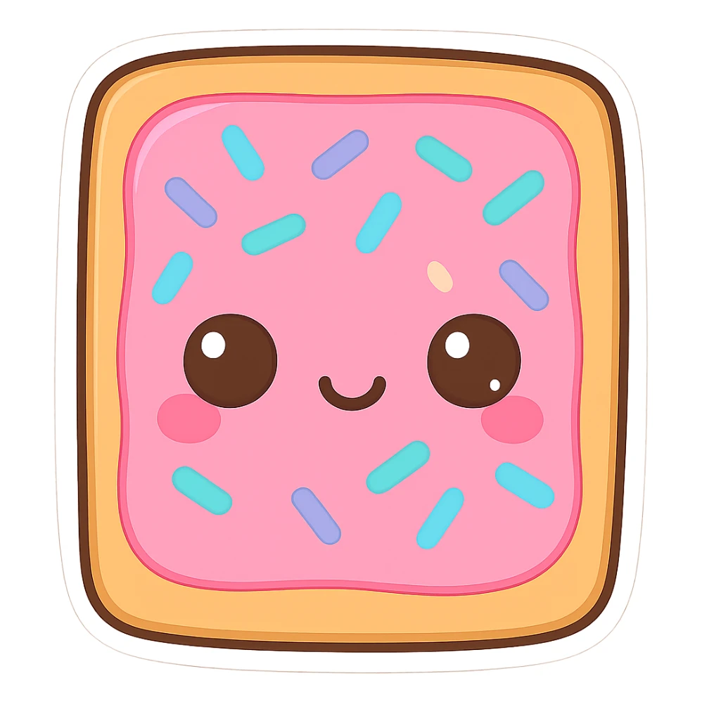 Increase the contrast between the colors on the chibi poptart: make the pink frosting, sprinkles, and crust more vibrant and distinct, keep the transparent background. sticker