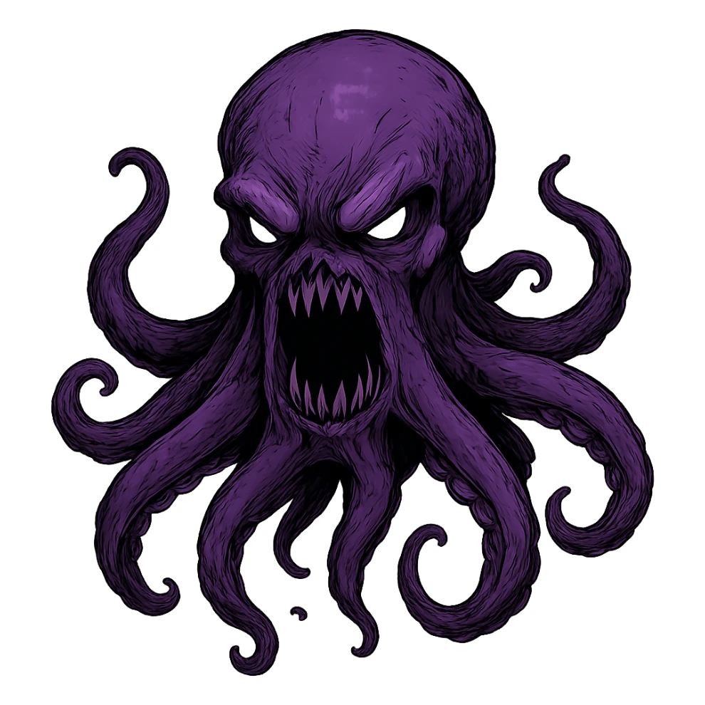 Remove the nose, make the octopus look scary, keep the purple color, with no background. Maintain the original style and details of the octopus while making it look scary and purple. sticker