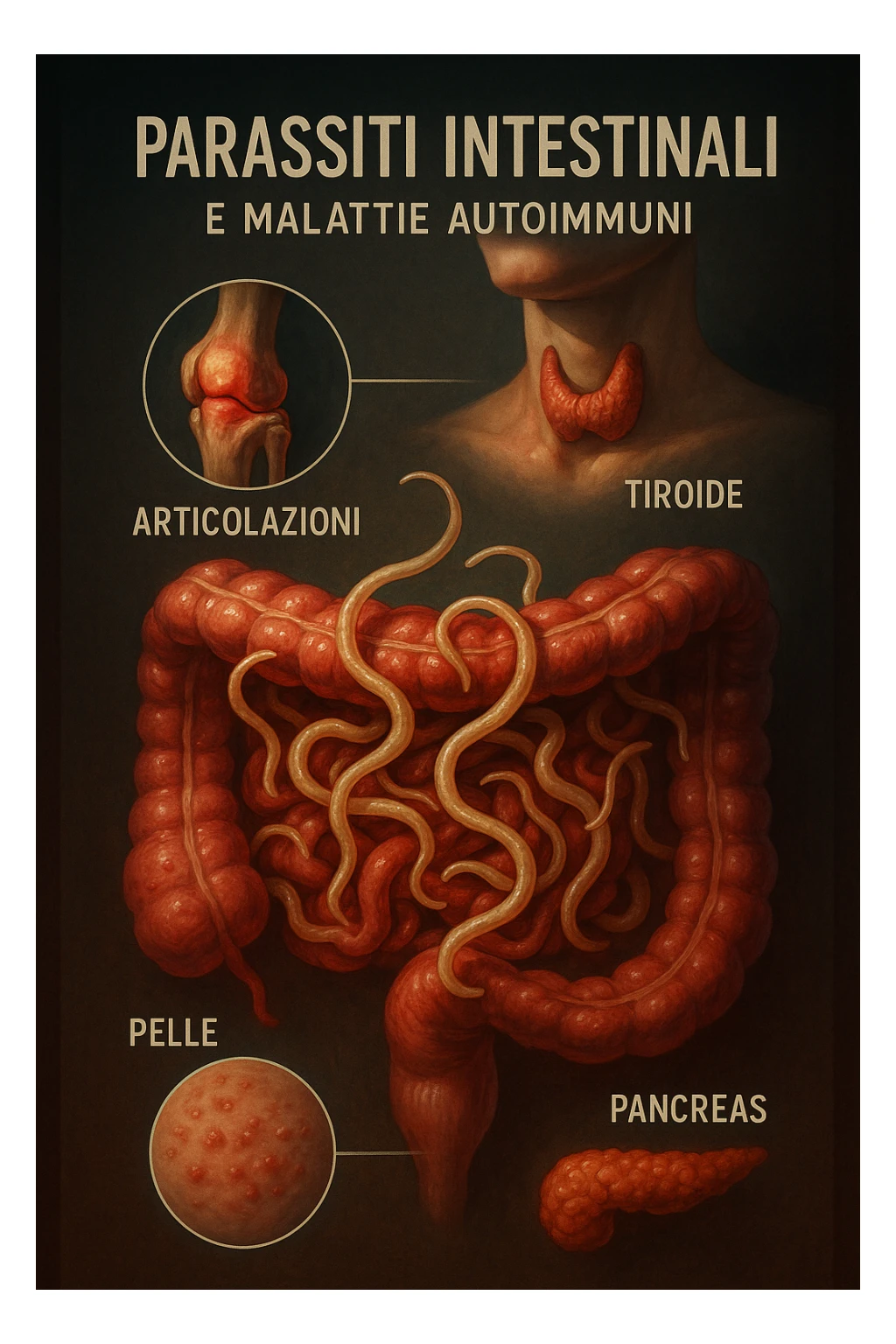 Vertical, realistic, and cinematic illustration in Italian showing intestinal parasites in a very vivid and dramatic way with realistic details and vivid colors. Highlight the affected organs (joints, skin, thyroid, pancreas, intestine) and add captions in Italian linking the parasites to autoimmune diseases. Clinical atmosphere with dramatic lighting and natural depth. Aspect ratio 2:3. sticker