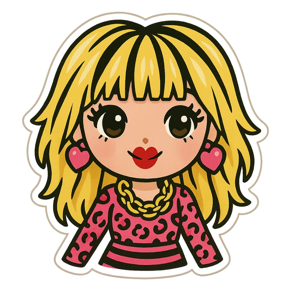 Betsey Johnson style emoji, wearing statement jewelry, bright patterns, fun and chic fashion sticker