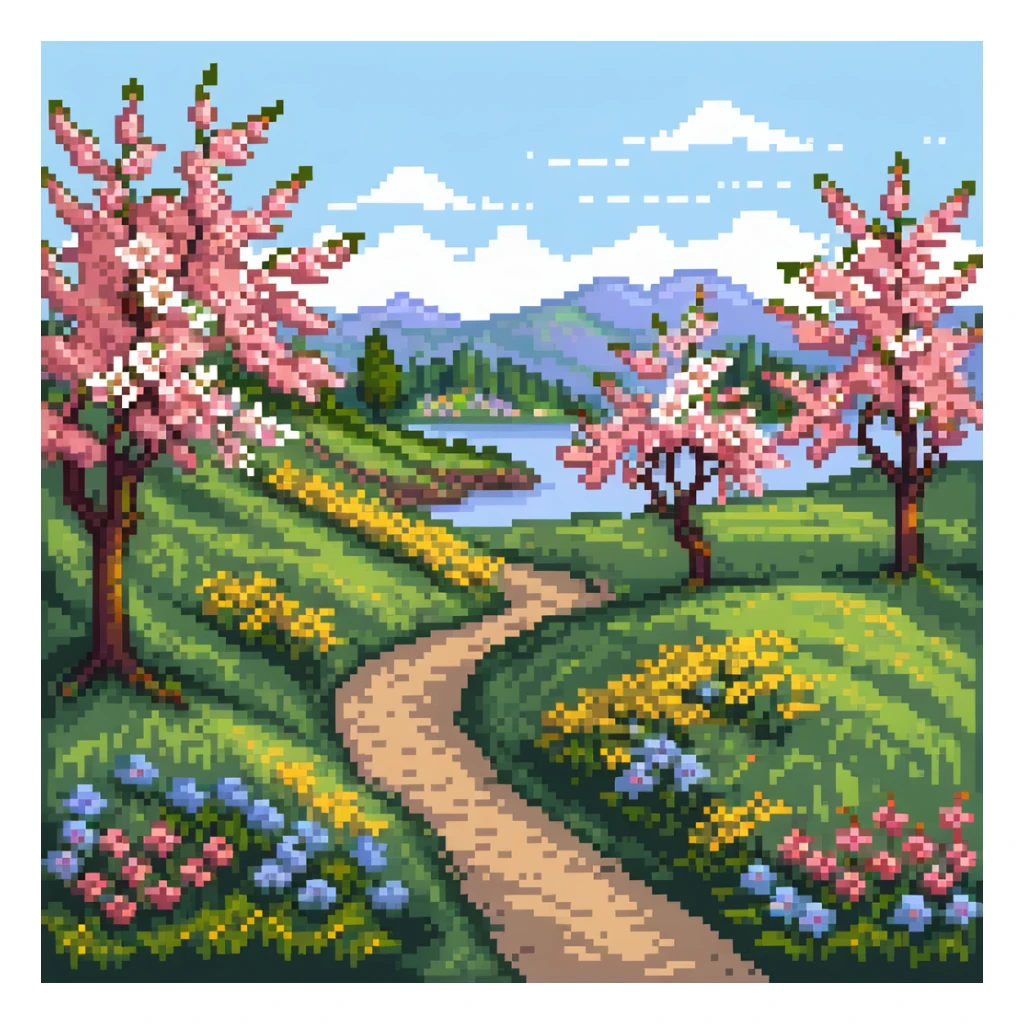 Spring landscape with blooming cherry trees, colorful flowers, and green grass sticker